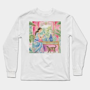 Girl in preppy dress and her cat in chinoiserie interior Long Sleeve T-Shirt